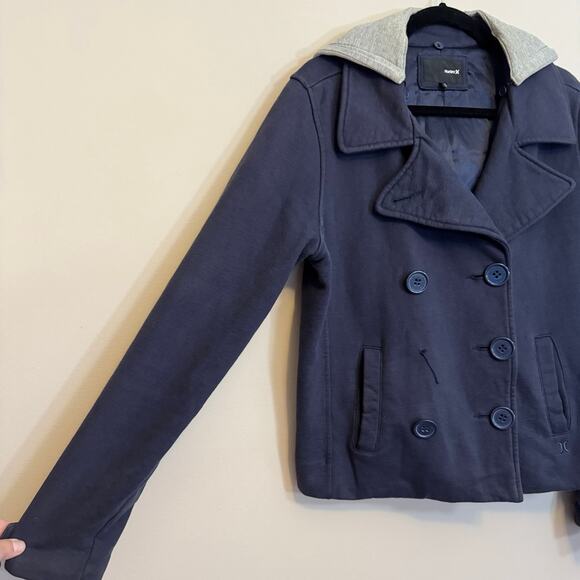 Hurley Pea Coat Womens L Blue Collared Double Breasted Outdoor Removable Hood - Picture 3 of 9